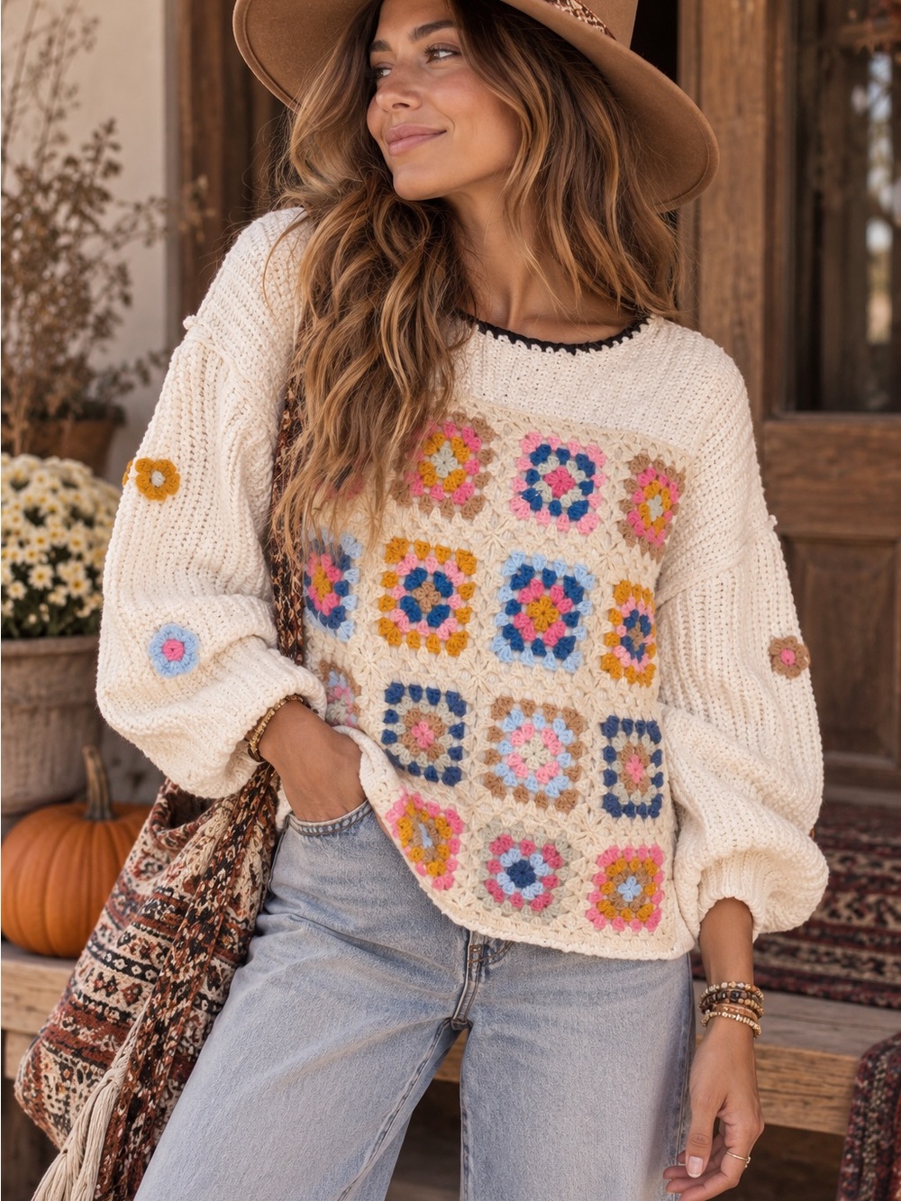 POL Cream Crochet Patchwork Sweater with Multicolor Squares